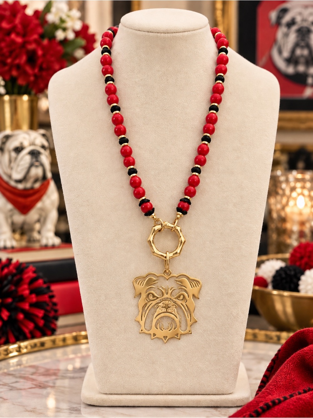 Gold Bulldog Pendant Necklace with Red and Black Beads - Pet-Inspired Jewelry